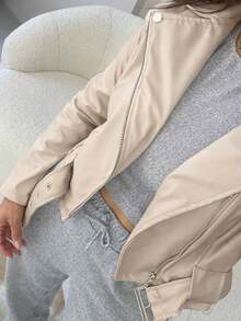 Women's Premium PU Leather Bomber Jacket With Belt And Buckle | Front Zipper, Pockets And Buttons | Modern Fashion Style - Beige - View 1