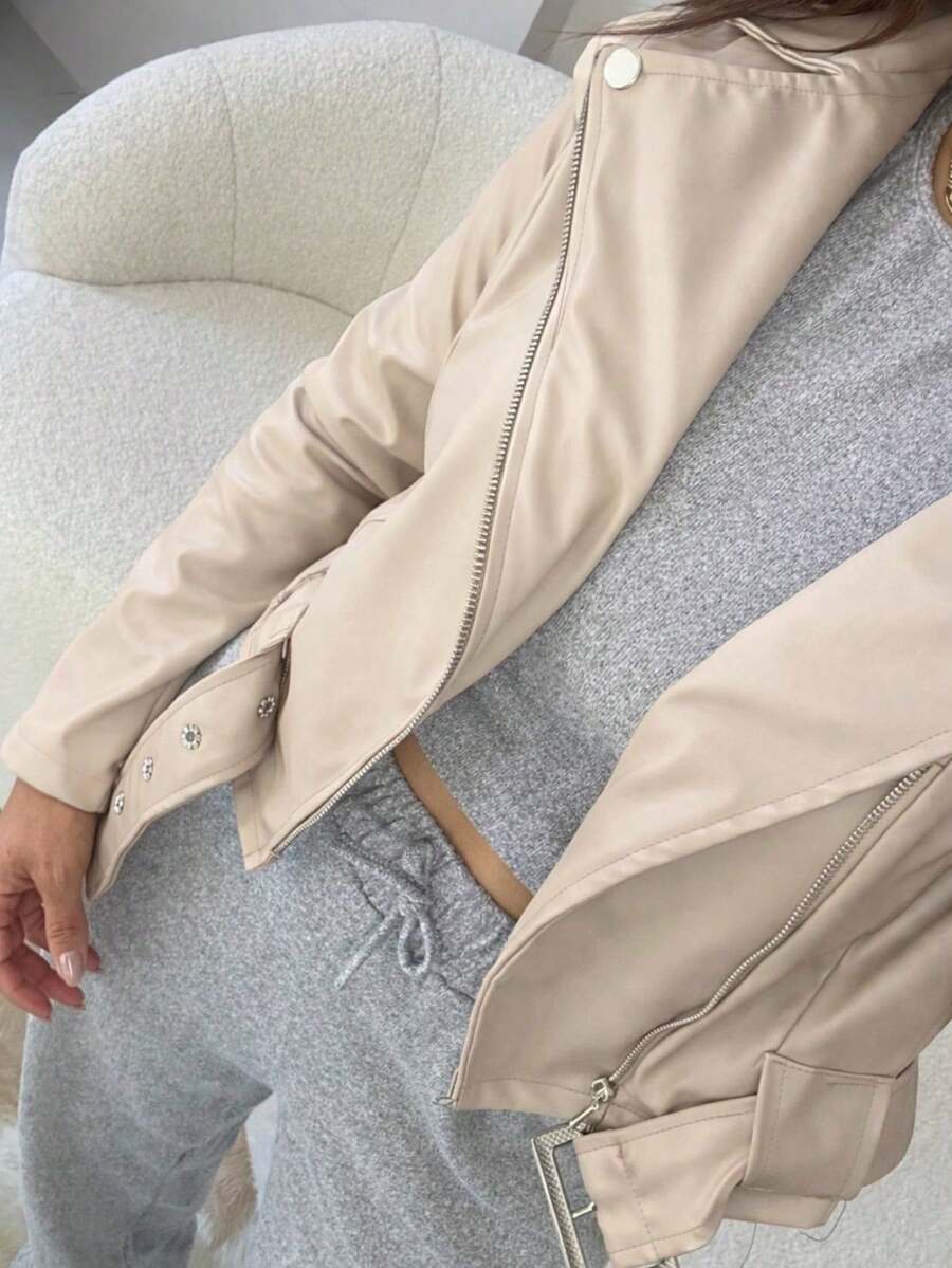 Women's Premium PU Leather Bomber Jacket With Belt And Buckle | Front Zipper, Pockets And Buttons | Modern Fashion Style - Beige - View 1