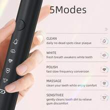 1支成人电动牙刷，配有8个刷头、5种模式、IPX7级防水、超长续航、USB充电，包含底座和防尘盖，用于清洁牙齿 - 黑色 - 查看 4