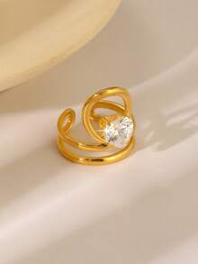 1pc Fashionable Luxury 18K Gold Plated Stainless Steel Asymmetric Cubic Zirconia Ring, Floral & Heart Geometric Design, Suitable For Stylish Women's Daily, Party, Birthday, Engagement Occasions - Gold - View 5