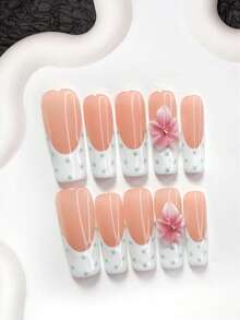 10件裝清新風手工穿戴甲，Polygel美甲套組，漸層花卉設計，法式、綠色波點、綠色、白色、粉色指甲油，夏季風格，附美甲工具，3種尺寸可選，杏仁形、鴨嘴形、棺材形，適合派對、跳舞、日常配戴 - 彩色 - 查看 14