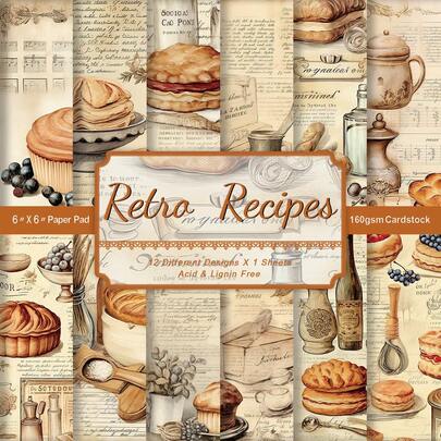 12pcs Vintage Recipe Scrapbook Paper, 6*6inch Retro French Pastry Cookbook Scrapbooking Paper With Bread, Fruit, And Drinks, For Junk Journaling, Decorative Crafts, Origami, Collage, Photo Album And Card Making