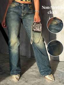 Women's Straight Leg Washed Denim Jeans With Cat Whisker Details, Long Casual Non-Stretch Pants - Dark Wash - View 1