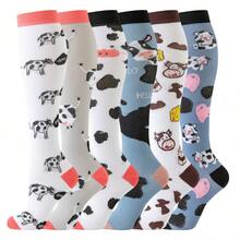 6双装奶牛纹过膝压缩袜，男女通用，适合运动、骑行、徒步、护理等场合，可爱动物图案，2026新款设计，生日礼物压缩袜 - 彩色 - 查看 15