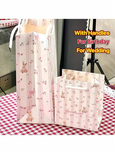 2个可爱兔子图案礼品袋，大容量购物手提袋，带提手，生日派对装饰盒，婚礼，万圣节，圣诞节礼物和活动回礼袋