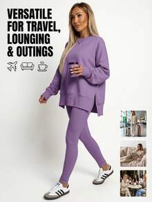 Women's 2 Piece Loungewear Set - Soft Ribbed Oversized Sweatshirt & High Waist Leggings-Ultra Soft Pajama Set For Women  - Casual Tracksuit For Airport Outfit & Lounging-Cozy Matching Outfit For Travel Yoga Home - 紫色 - 查看 3
