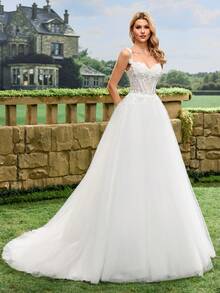 Váy cưới voan mỏng lãng mạn, dây mảnh, ren - Váy cưới thanh lịch - trắng - Xem 9