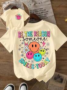 Spring TopsINAWLY Women Letter & Smile Print Round Neck Casual Versatile Short Sleeve T-Shirt, SummerLoose And Comfortablespring - Màu Khaki - Xem 1