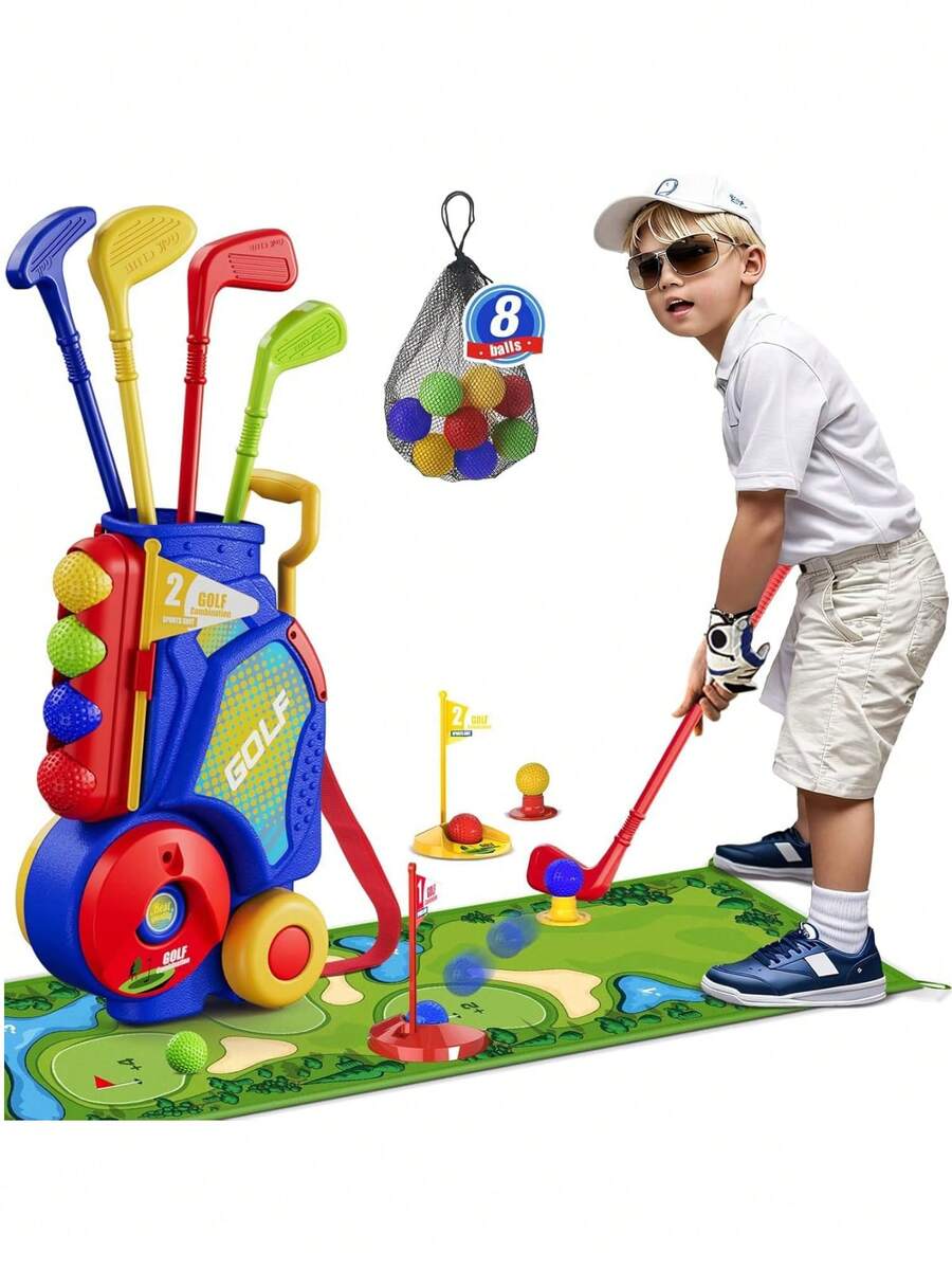 Toddler Golf Set With 4 Clubs, 8 Balls, 2 Practice Holes, Nique Shoulder Strap Design, Putting Mat & Pull Cart, Indoor And Outdoor Golf Toys Gifts - Blue - View 1