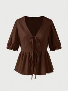 2pcs Linen Casual Elegant Vacation & Daily Wear Outfits, Casual Dresses, Casual Women Outfits, Summer Holiday Outfits, Elegant Women's Set - Brown - View 7