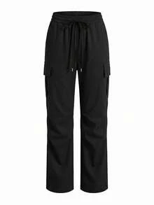 Women's Lightweight Cargo Pants, Parachute Pants, Elastic Waist Drawstring With Side Flap Pockets For Casual Streetwear, Long Sports Pants Black Spring - Black - View 5