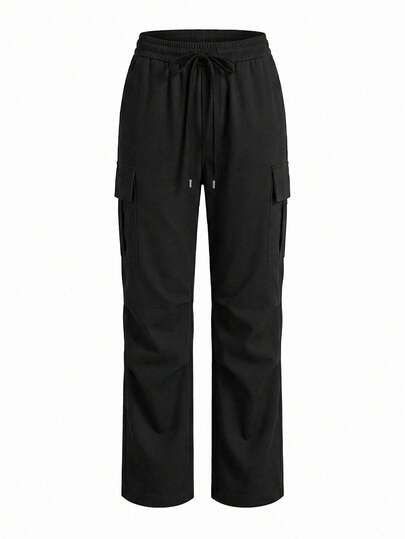 女士轻便工装裤，降落伞裤，弹性腰带抽绳，侧边翻盖口袋，休闲街头风长款运动裤，黑色