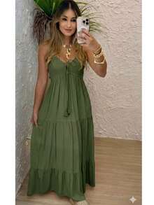 Women's Long Dress, Flowing Style, Thin Straps, V-Neck With Front Tie, Elastic Back - Fits Sizes 36 To 42. - Verde Musgo - 查看 1