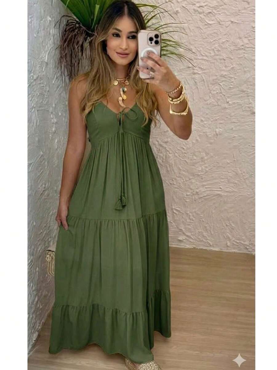 Women's Long Dress, Flowing Style, Thin Straps, V-Neck With Front Tie, Elastic Back - Fits Sizes 36 To 42. - Verde Musgo - 查看 1