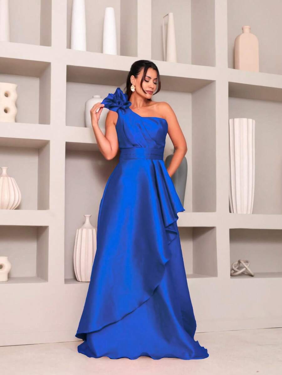 Long Dress With Flower For Graduation, Party, Wedding, Evening. - Royal Blue - View 1