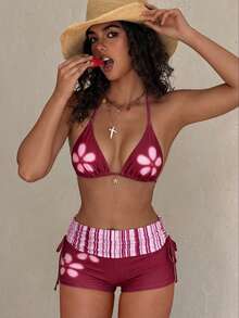 PEPPERMOLLY 2026春夏新款深红色两件式比基尼套装，印花图案，弹力面料，性感时尚设计，热门海滩度假装扮，女性必备单品 - 深紅色 - 查看 1