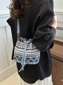 Women's Drawstring Bucket Bag, Fashion Versatile Shoulder Bag, Printed Plaid Fabric Handbag - Multicolor - View 3