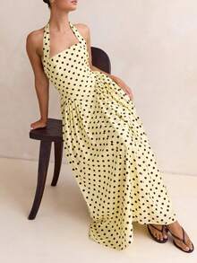 Women's Polka Dot Halter Neck Maxi Dress, Square Neck Sleeveless Backless Flared Long Dress With Pockets, Vintage Bohemian Style For Beach Vacation Casual Party, Spring Summer Elegant Occasion - Màu vàng - Xem 2