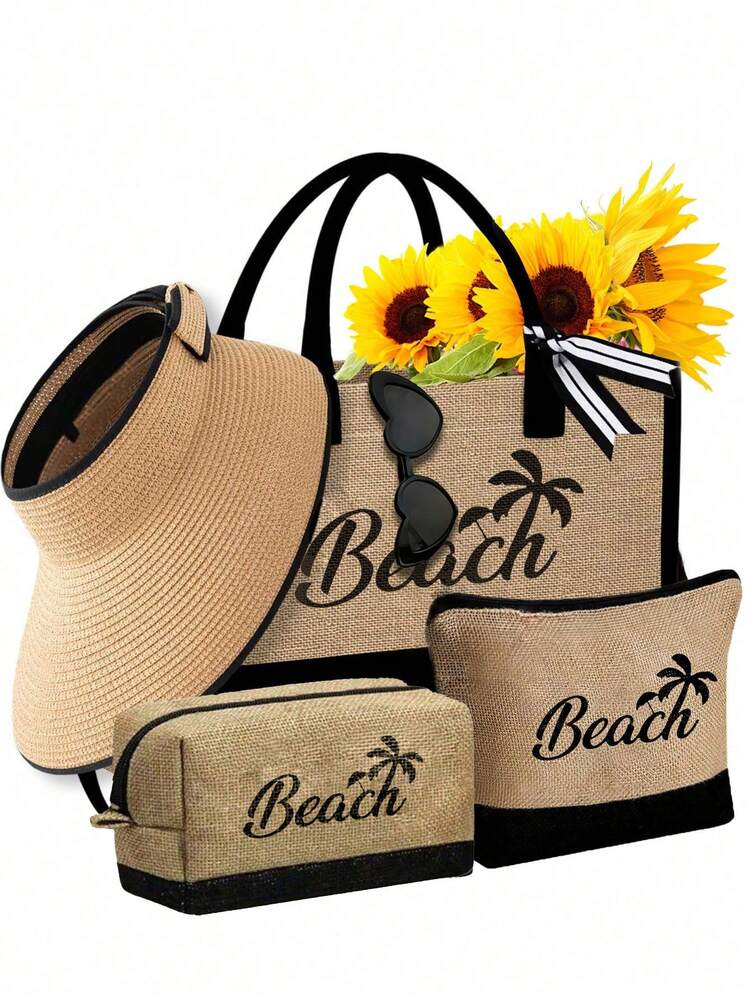 1 Set Of Black Kaqi Women's Beach Tote Bag, Including A Large Capacity Handbag And Two Makeup Bags, Printed With "Beach" And Coconut Tree Combination Pattern, Summer Vacation Style, Reusable Travel Shopping Handbag And Makeup Bag, Holiday Gift Bag, Perfect Choice For Vacation Travel (Khaki Color), Essential For Summer. - View 13