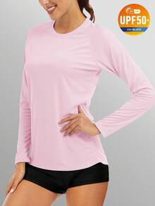 KEFITEVD UPF50+ Women's UV Shirts Rash Guard Long Sleeve Outdoor Skin Protection T-Shirts Hiking Fishing Workout Rashguard - Baby Pink - View 1
