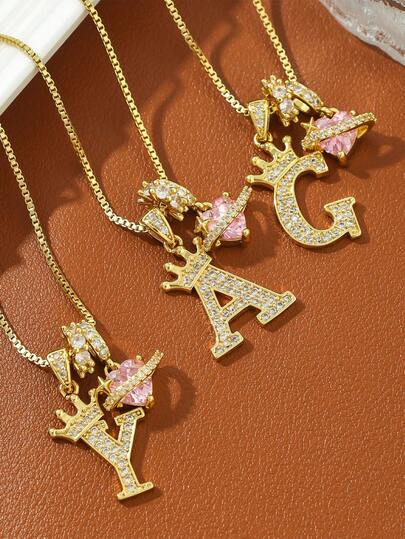 CZ Zirconium Oxide Crystal 26-Letter Pendant Necklace - Crown Single-Layer Three-In-One Pendant Personalized Name Necklace For Initials - Fashionable Stainless Steel Hip-Hop Accessory