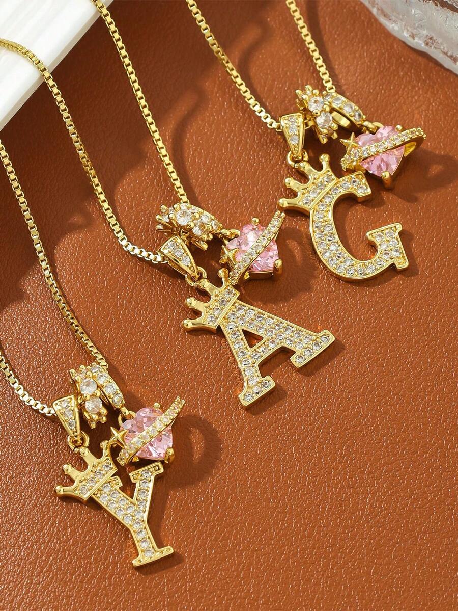 锆石立方氧化锆26字母吊坠项链 - 皇冠单层三合一个性化名字项链 - 时尚不锈钢嘻哈配饰 - 金色 - 查看 1