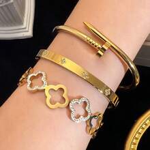 3pcs Set Luxury Stainless Steel Four-Leaf Clover Bracelet, Suitable For Women's Daily Wear, Holiday Gift, Mother's Day Gift, Graduation Gift - Yellow Gold - View 1
