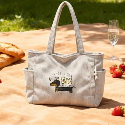 Corduroy Tote Bag, Canvas Tote Bag With Dachshund Print, Gift For Dachshund Lovers, Suitable For Daily Shopping, Picnic, Travel, Birthday, Mother's Day, Holiday