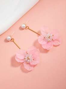 1 Pair Elegant Pink Flower & Faux Pearl Earrings, Fashionable Earrings With High-End Vibe, Suitable For Vacation - Baby Pink - View 4