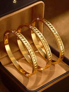 1/2/3 PiecesFashion Classic Shiny Plated 24k Gold Stainless Steel Hand-Carved Bracelet , With Diameter Of 60mm That Can Be Opened , Suitable For Women's Daily Wear , Excluding Box - Steel Ball Edge Square Bracelet - View 1