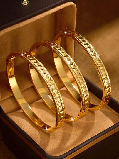 1/2/3 PiecesFashion Classic Shiny Plated 24k Gold Stainless Steel Hand-Carved Bracelet , With Diameter Of 60mm That Can Be Opened , Suitable For Women's Daily Wear , Excluding Box