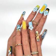 10 PCS Handmade Square Press-On Nails | Pink-Blue-Yellow 3D Floral With Acrylic Multicolor Bases, 3D Floral & Star Embellishments - 淺藍色 - 查看 4