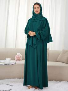 1pc Soft Dress With Attached Hijab, Floral Sleeve Design, Classic Versatile Abaya Spring - Multicolor - View 49