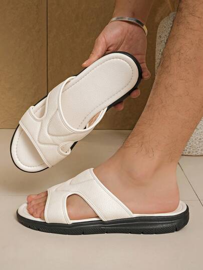 Men's Fashion Faux Leather Slide Sandals, Modern Dual-Color Open Toe Slippers, Lightweight Non-Slip Flip Flops, Suitable For Casual Summer Outfits. With Comfortable Arch Support And Non-Slip Rubber Sole, Suitable For Indoor, Outdoor And Beach Wear