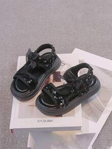 1 Pair Girls' Glitter Platform Sandals, Summer New Princess Style Bow Non-Slip Beach Shoes - Black - View 3