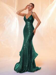 LOVE&LEMONADE 亮绿色亮片V领吊带露背不对称长款美人鱼晚礼服（女士款） - 綠色 - 查看 4