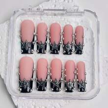 NailLuxe 10 PCS Handmade Almond Press-On Nails | Nude-Pink Black Tip Star & Rivet Edgy Sweet Style With Matte Nude-Pink Bases, Black French Tip & Metal Star Embellishments - 黑色 - 查看 3