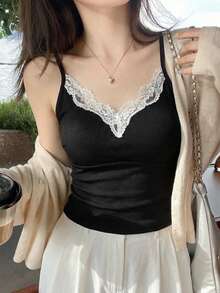 白色蕾丝边吊带背心，带衬垫胸部，女士叠穿背心，春夏新品 - 黑色 - 查看 4