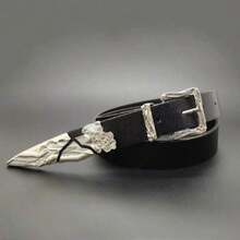 1件朋克金属西部武士刀雕刻时尚腰带，复古男女通用皮革腰带 - 黑色 - 查看 1