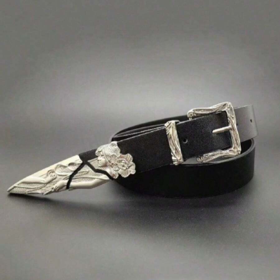 1件朋克金属西部武士刀雕刻时尚腰带，复古男女通用皮革腰带 - 黑色 - 查看 1