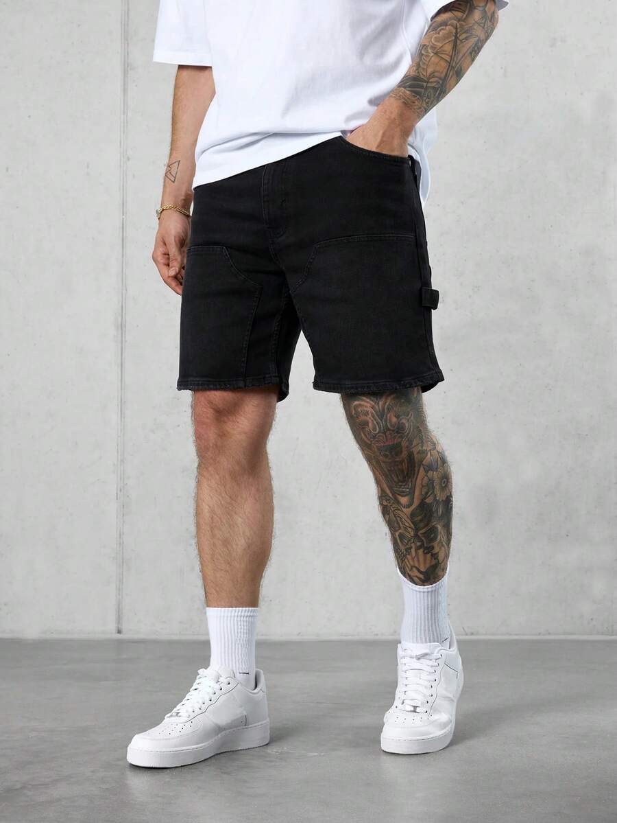 男士奢华美式街头时尚弹力牛仔短裤 - 黑色 - 查看 1