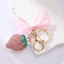 Girl's Heart-Shaped Rhinestone Strawberry Keychain, Alloy Paved Rhinestone Bow & Lobster Clasp Pendant, Sweet Fashionable Bag Charm, Popular Small Gift - Multicolor - View 7