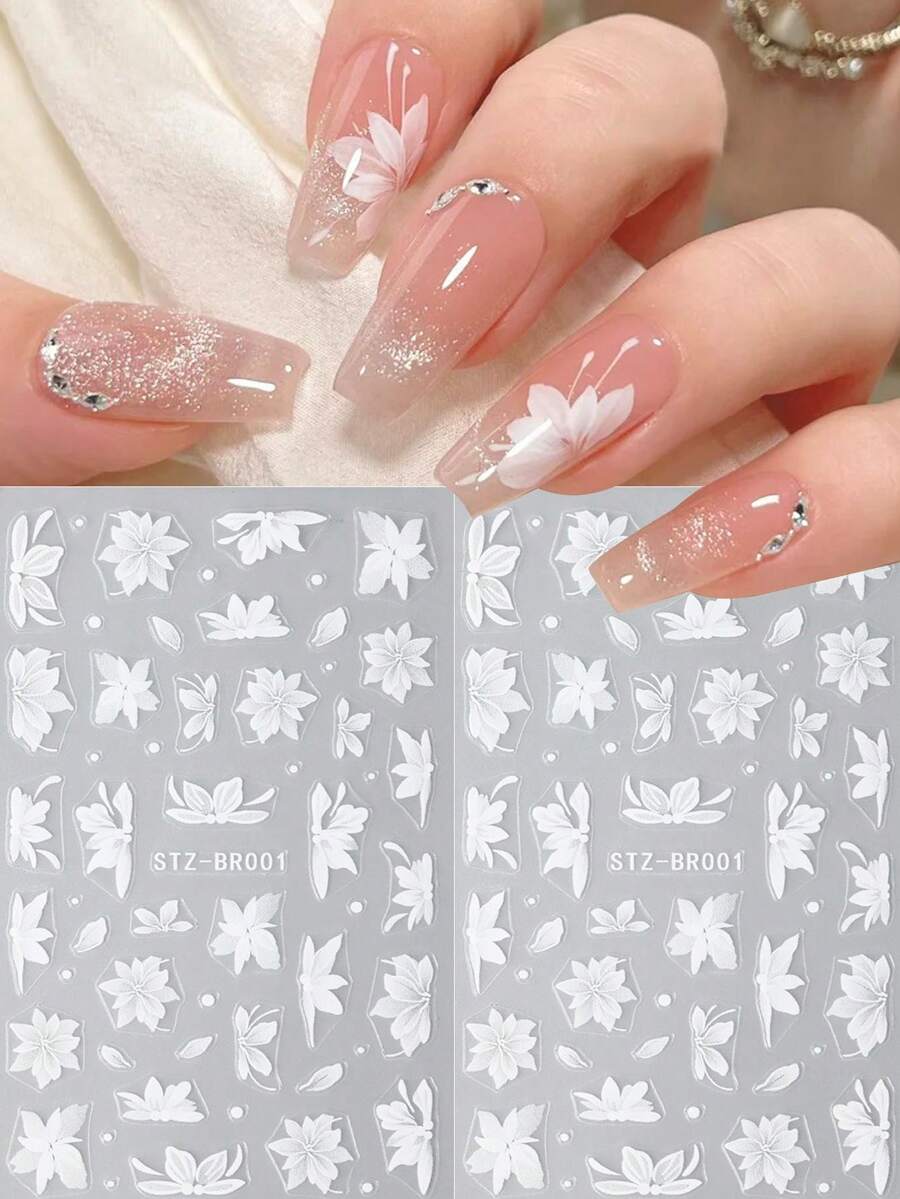 2片装白色山茶花美甲贴纸，优雅多瓣花朵，春夏花卉婚礼滑动式美甲饰品，女士和女孩美甲用品礼物 - 白色 - 查看 1