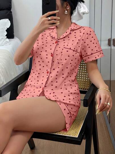 Dreamivo Bộ đồ ngủ nữ in hình trái tim, áo cardigan cổ bẻ tay ngắn và quần short, đồ mặc nhà mùa xuân/hè/thu.