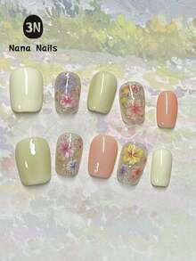 1包/10片方形美甲贴片，永恒花园，梦幻春日花卉系列：手工制作的按压式美甲贴片，饰以精致花卉图案和柔和的粉彩色调——甜美俏皮的美甲，适合女孩和女士，匠心独具的春季按压式美甲贴片，手工制作。 - 杏色 - 查看 7