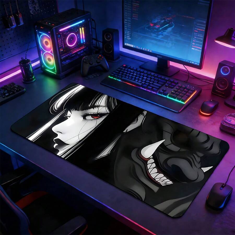 Large Size Dark Anime Girl Demon Mask Gaming Mouse Pad, Extended Non-Slip Rubber Base Desk Mat, Gothic Manga Aesthetic Computer Accessory, Durable Office Desk Pad Suitable For Home Office And Gaming Setup, Ideal Gift For Anime Fans And Gothic Enthusiasts - View 1