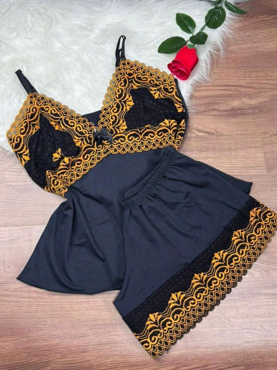 Short Doll Women's Pajama Set/ Two-Tone Lace - Gold - View 1