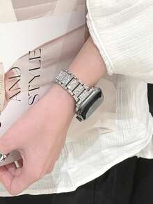 Huastonband 1件女款銀色金屬可調節錶帶，兼容 Ultra 3 SE S10 S9 S8 S7 S6 S5 S4 S3 S2 S1，提供 38mm、40mm、41mm、42mm、44mm、45mm、49mm、46mm 尺寸（不含手錶）。銀色珠寶金屬可調節女款錶帶 - 銀色 - 查看 6