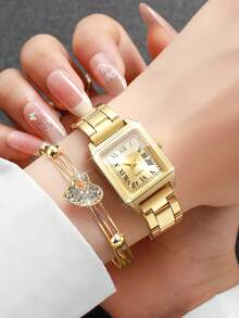 6件套女士礼品套装：方形罗马数字表盘石英表+心形水钻首饰套装（套装不含手表） - 金色 - 查看 3