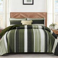 3 Pieces Queen King Size Quilt Set Sage Green Striped  Summer Patchwork Bedspreads Coverlet, Soft Lightweight Bedding Set With 2 Pillow Shams, Soft Microfiber Comforter Set Suitable For Wedding Items, Valentines Day Home Bed Room Decor, Mothers Day Gift, All Season - Sage Green - Xem 2